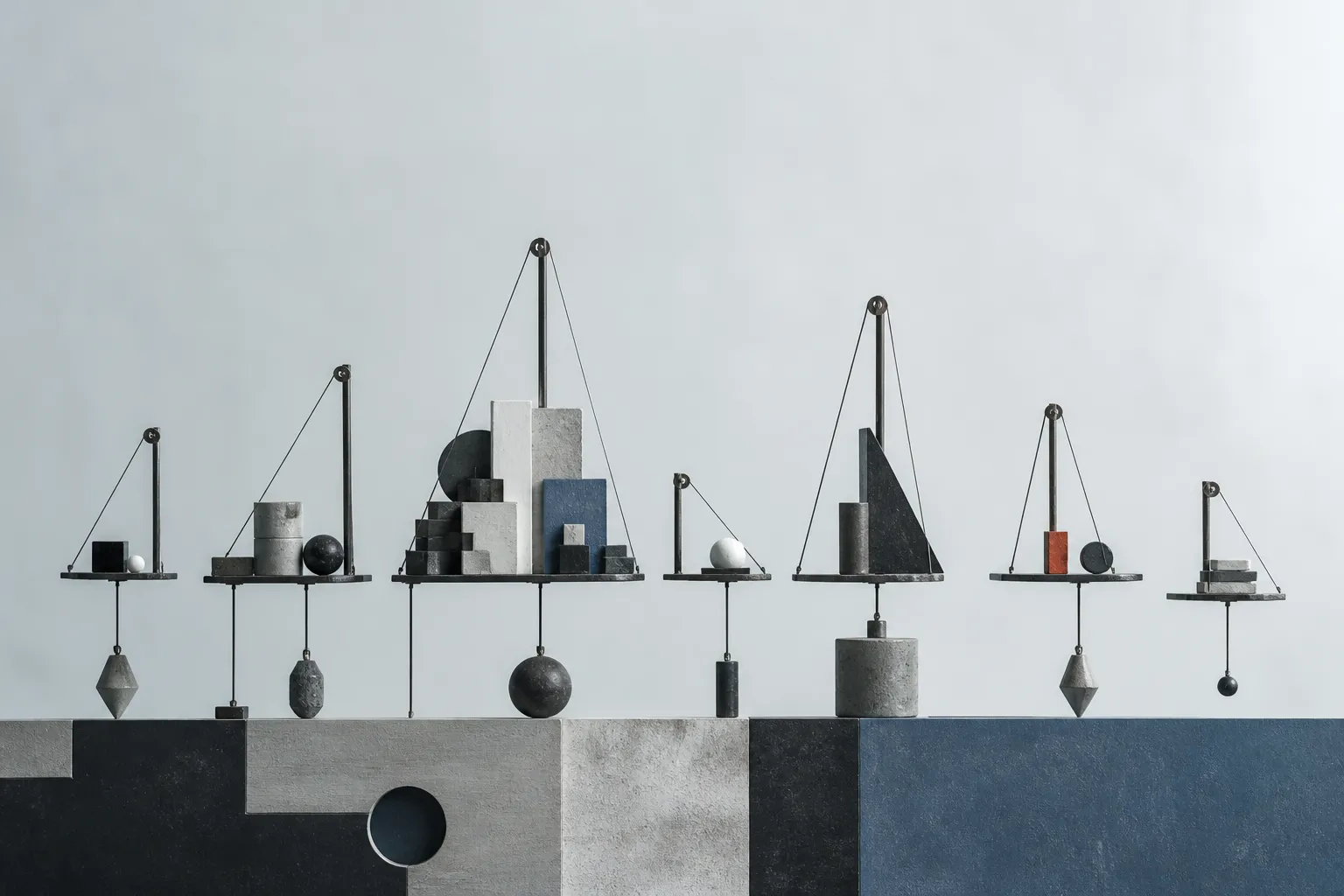 A suspended field of balanced platforms, weights, and cables.